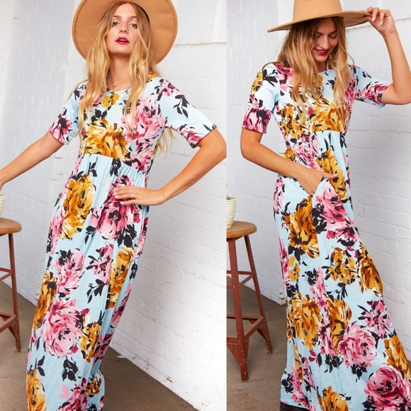 Aqua Floral Print Maxi Dress L XL - Picture 2 of 4